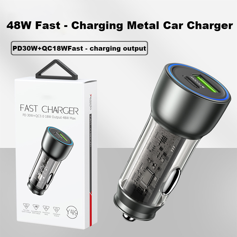 USB 3.0 Fast Charger with 30W Power, Semi-transparent Design, PD Fast Charging and Type-C Interface for Car Use