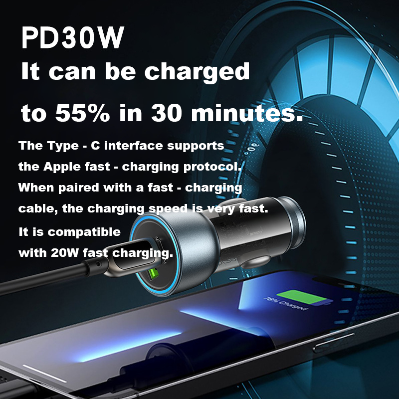 USB 3.0 Fast Charger with 30W Power, Semi-transparent Design, PD Fast Charging and Type-C Interface for Car Use