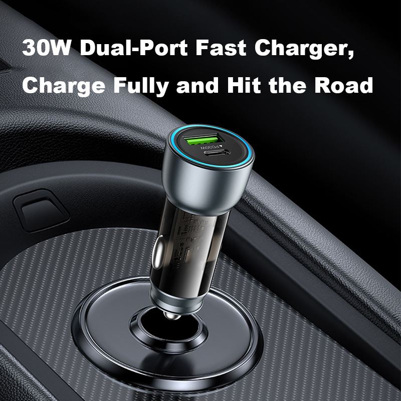 USB 3.0 Fast Charger with 30W Power, Semi-transparent Design, PD Fast Charging and Type-C Interface for Car Use