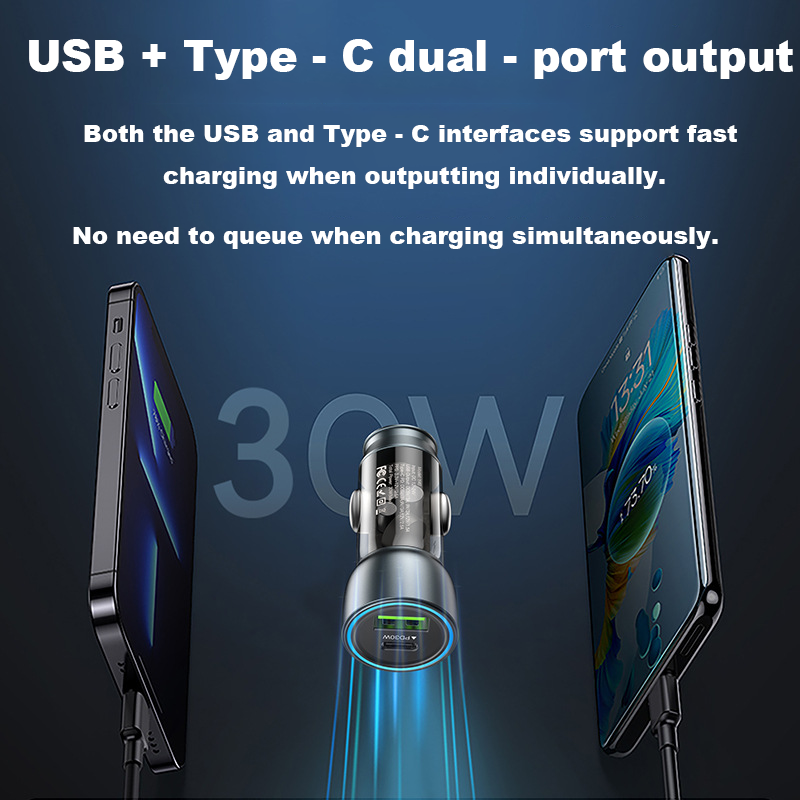 USB 3.0 Fast Charger with 30W Power, Semi-transparent Design, PD Fast Charging and Type-C Interface for Car Use