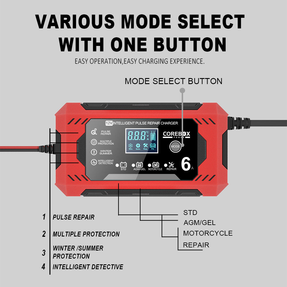 12V 6A Intelligent Pulse - repair Charger for Start - stop Vehicle AGM Batteries