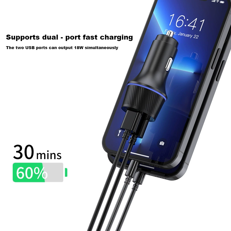 36W Car Mobile Phone Charger with Dual USB Fast - charging Plugs, Ambient Light and Cigarette Lighter Socket Charger