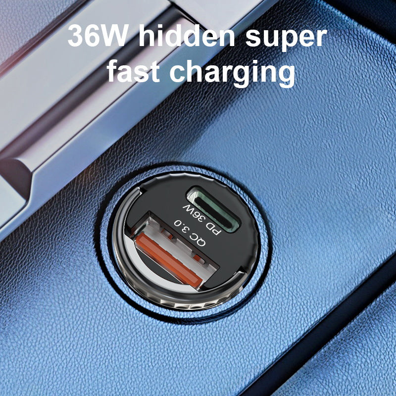 Mini Pull Ring Car Charger: 36W Hidden Dual-port Fast Charging Adapter for Car Cigarette Lighter