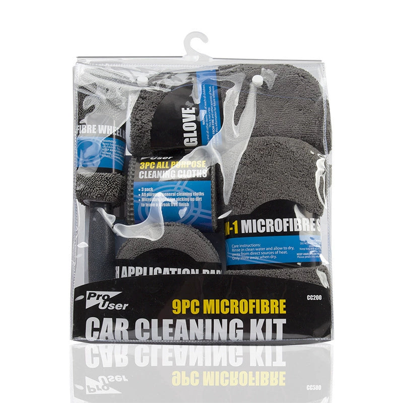 9PCS Car Cleaning Tool Set. This car wash cleaning kit includes car washing and wiping towels, a polishing and waxing tool, a tire brush, and gloves.