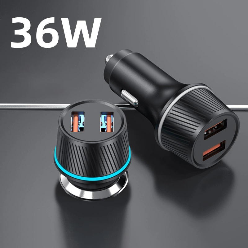 36W Car Mobile Phone Charger with Dual USB Fast - charging Plugs, Ambient Light and Cigarette Lighter Socket Charger